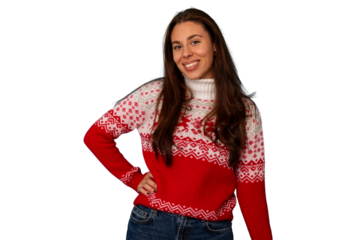 Woman smiling wearing festive christmas sweater, celebrating winter holidays, transparent background
