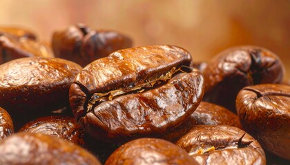 Obraz premium Close-Up of Shiny Coffee Beans in Warm Light