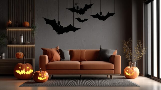 halloween decoration in a modern living room with glowing pumpkins and black bats on the wall creates a spooky seasonal scene