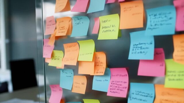 Colorful sticky notes on wall for brainstorming and project planning in office setting with bright light