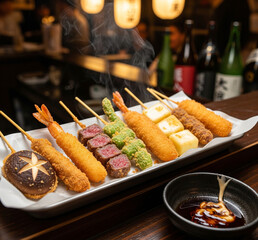 Assorted Kushikatsu Skewers - Japanese Fried Skewers Platter Served