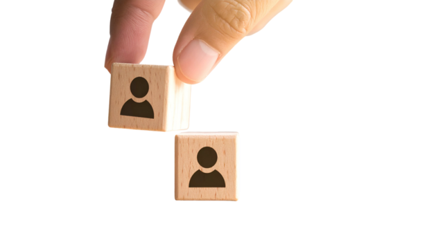 Hand placing a person-icon block onto another, forming a stack of two with black bg