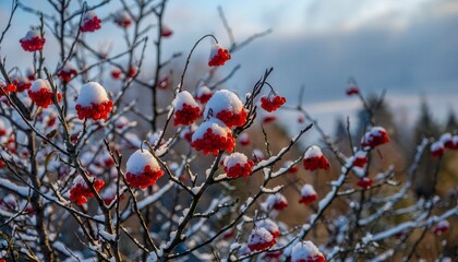 Red berries covered with snow on branches in winter landscape