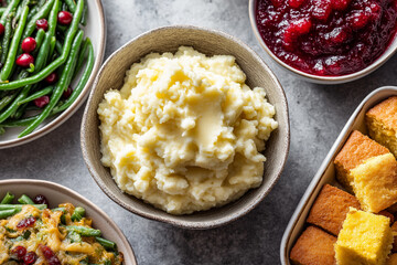 Top-down flat lay of Thanksgiving side dishes: mashed potatoes in a ceramic bowl, green bean casserole, cornbread, cranberry sauce, balanced composition, neutral backdrop, no text