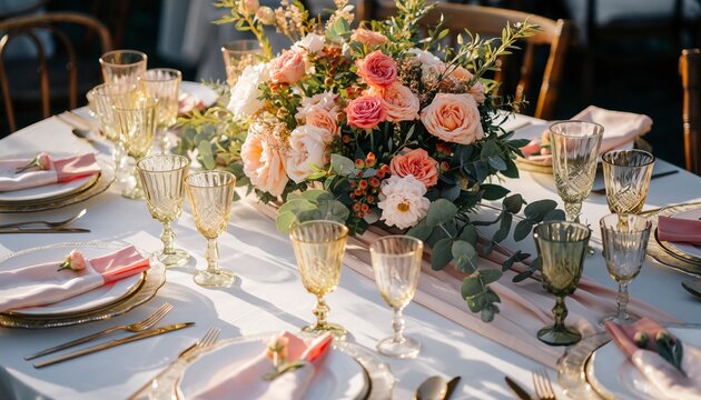 Wedding table decor with flowers, plates and glasses