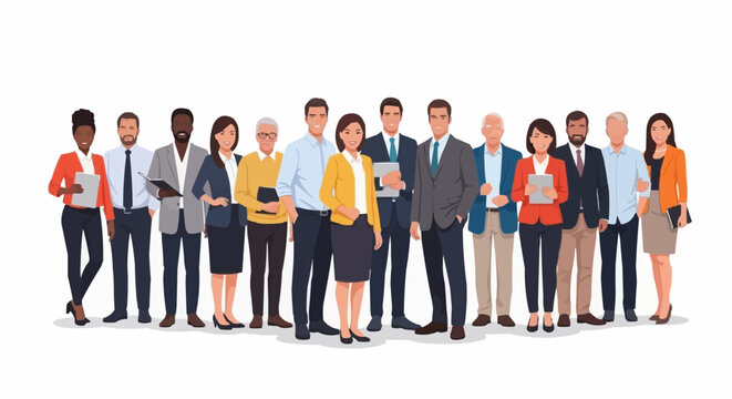 Diverse group of professionals standing together in a line.