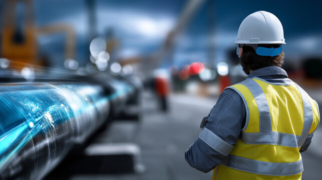 Defocused facility inspector while sharp detailed AR overlay on petroleum pipelines remains in focus, with copy space