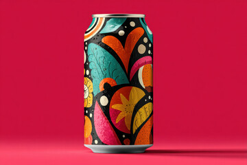 Pop art doodle craft can, vibrant street style illustration with eyes, cartoon geometric abstract label, creative summer beverage packaging, trendy bold branding, unique urban design