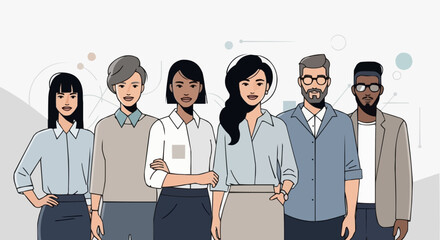 Diverse group of business professionals standing together in a line.