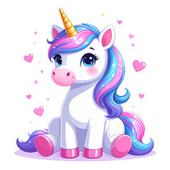PNG vector of a baby unicorn sitting with sparkling hearts and trail of magic. Delightful, whimsical, perfect for children’s books