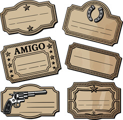 Collection of six vintage western style labels with decorative borders and themed embellishments for names and messages