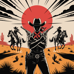 Silhouette of a powerful female cowboy with crossed revolvers against a dramatic sunset in the wild west