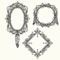 Collection of three ornate vintage decorative frames including an oval hand mirror and a round and diamond shape