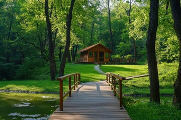 Peaceful wooden cabin nestled in a lush forest by a tranquil pond during daylight hours