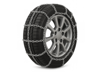 Car tire with snow chains providing winter traction