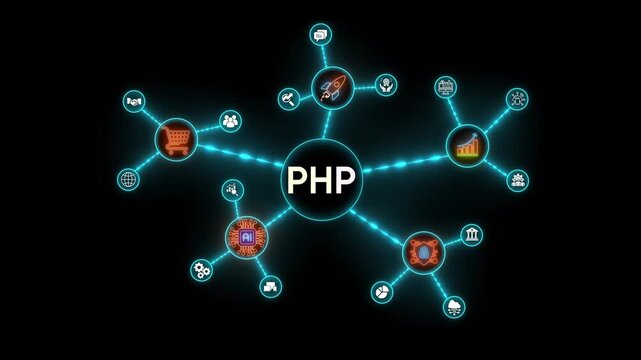 Centralized PHP programming language network diagram with technology icons image photo