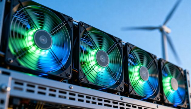 Close-up of green and blue illuminated cooling fans on a mining rig, suggesting sustainable energy use with a blurred wind turbine.