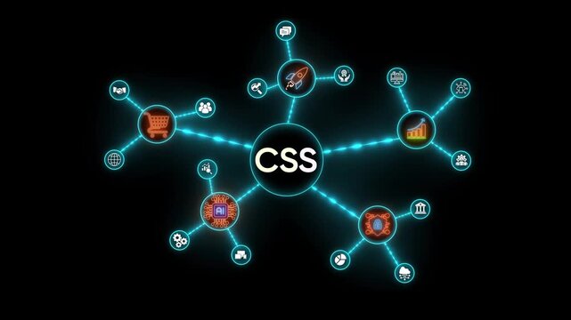 CS technology network diagram with interconnected icons on black background Keywords: CSS, Cascading Style Sheets, web development, coding, programming, technology, network, diagram, icons