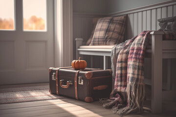 Travel-home concept: suitcase by an entryway bench with a plaid throw and small pumpkin, morning light, minimal lifestyle scene, no people