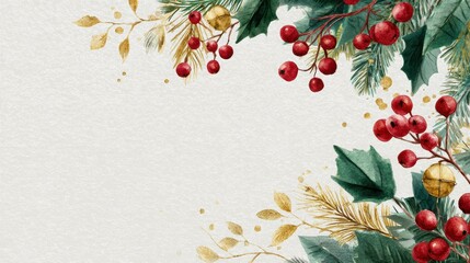 elegant watercolor christmas border with berries pine needles and golden bells festive holiday background design