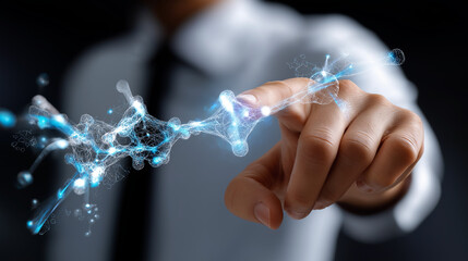 Anonymous hands pointing at hologram with defocused body and clear virtual pipeline digitization visible, with copy space