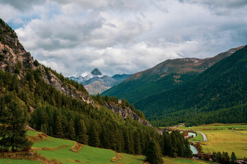 Panoramic view of the Swiss Alps in autumn.