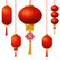 Red Chinese lanterns hanging on strings, decorated with gold tassels and knots. Traditional festive decoration for Lunar New Year celebration.