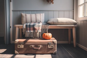 Travel-home concept: suitcase by an entryway bench with a plaid throw and small pumpkin, morning light, minimal lifestyle scene, no people
