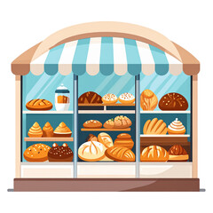 PNG vector of bakery shop window with fresh artisan bread and assorted pastries, detailed transparent design perfect for food, bakery, and culinary projects needing crisp visuals