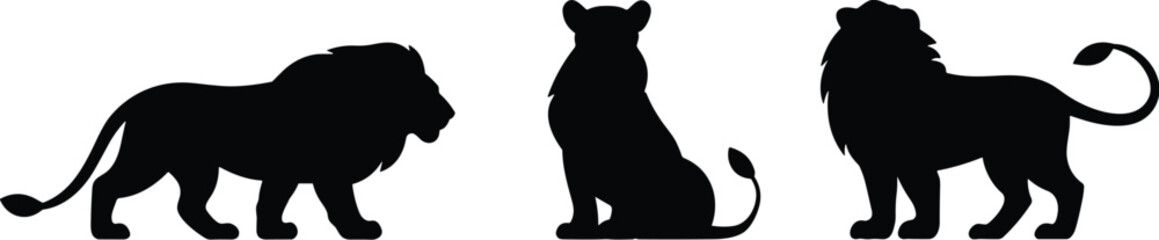 Lion silhouette collection, majestic wild animal poses, standing lion, sitting lion, black vector lion shapes, African wildlife illustration, bold feline graphic design element