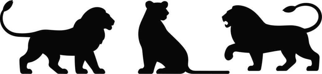 Lion silhouettes in various poses, standing lion, sitting lion, walking lion, black animal shapes, wildlife illustration, majestic feline, safari theme, vector graphic, predator art