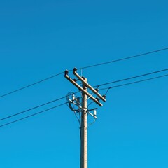 Utility pole holding power lines and communication cables high above against a vast, pure azure background on a clear, bright day ,wires, perspective, sky