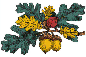 Vector acorn and oak branch cluster, flat colors, bold outline, isolated on white, no text, no logos