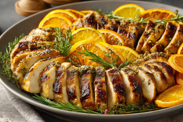 Turkey place platter close-up with citrus wheels and herb garnish, matte ceramic, shallow depth, warm appetizing tones, no branding