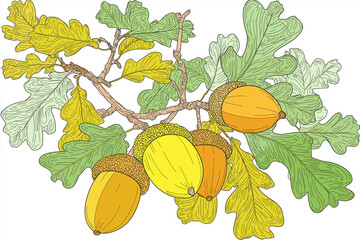 Vector acorn and oak branch cluster, flat colors, bold outline, isolated on white, no text, no logos