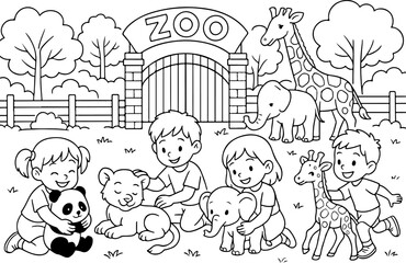 Fototapeta premium hand drawn vector doodle illustration of fairy tale characters in the zoo coloring page for kids line art