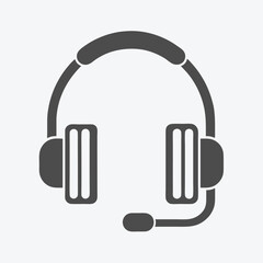 Gray call center headset with microphone displayed on a white plain background