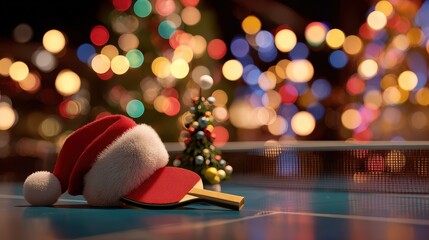 a festive scene featuring a santa hat and two ping pong paddles with a small christmas tree set against a bokeh background of christmas lights on a ping pong table bokeh light lights background bo