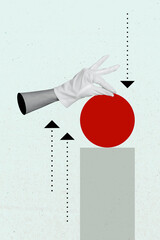 Poster 3d sketch pop art image collage of human hand show sphere round geometric figure aim achievement success motivation