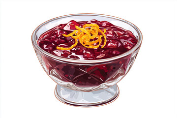 Vector cranberry sauce in a glass bowl with orange zest curls, cute shine, bold outline, white background, no text, no logos