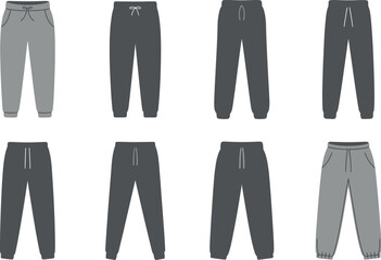 A collection of various gray sweatpants with drawstrings displayed in a grid pattern.
