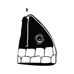 A stylized black and white illustration of a fish head with teeth and a circular eye design element