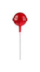 Single red lollipop with white stick isolated on white background