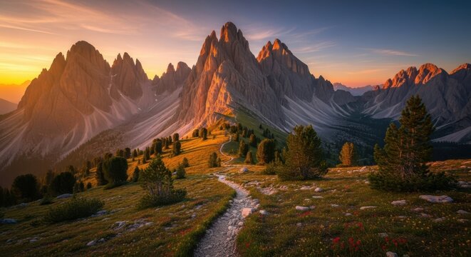 Picturesque view of the odle mountain range at sunset in south tyrol