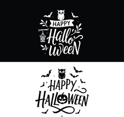 Happy halloween typographic banner design with hand-drawn lettering and spooky decorative elements including flying bats, a festive owl, a carved jack-o'-lantern replacing the 'o', and a rustic hangin
