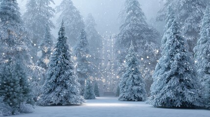 Fototapeta premium winter wonderland with snowy christmas trees and decor in a festive scene