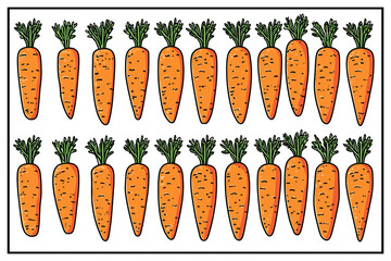 Vector roasted carrots with maple glaze on a sheet pan, neat rows, flat colors, outlined, isolated on white, no text, no logos