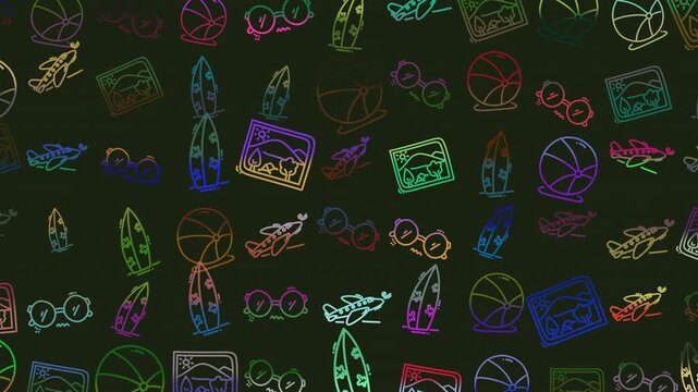 Doodle travel scene with beach balls, airplanes, surfboards, sunglasses, and travel photos. Fun design suitable for travel blogs, social media.