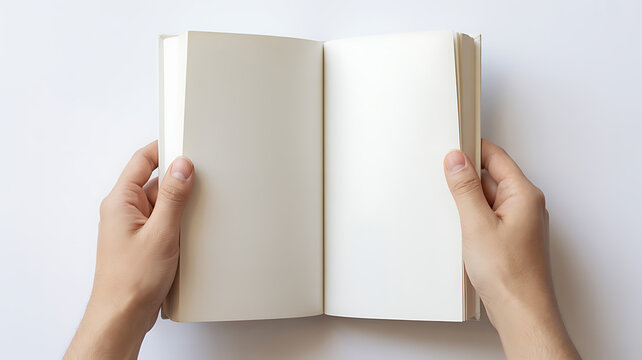 Hands holding open a blank book with empty pages