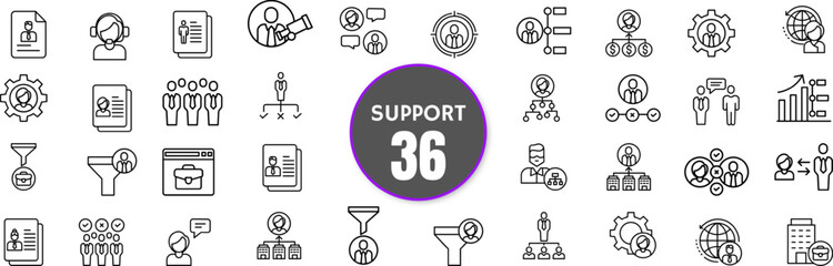 Support Line Icon Set – Customer Service, Help, Chat, Feedback, Communication, Assistance, Troubleshooting, Teamwork, Editable Stroke, Vector Illustration